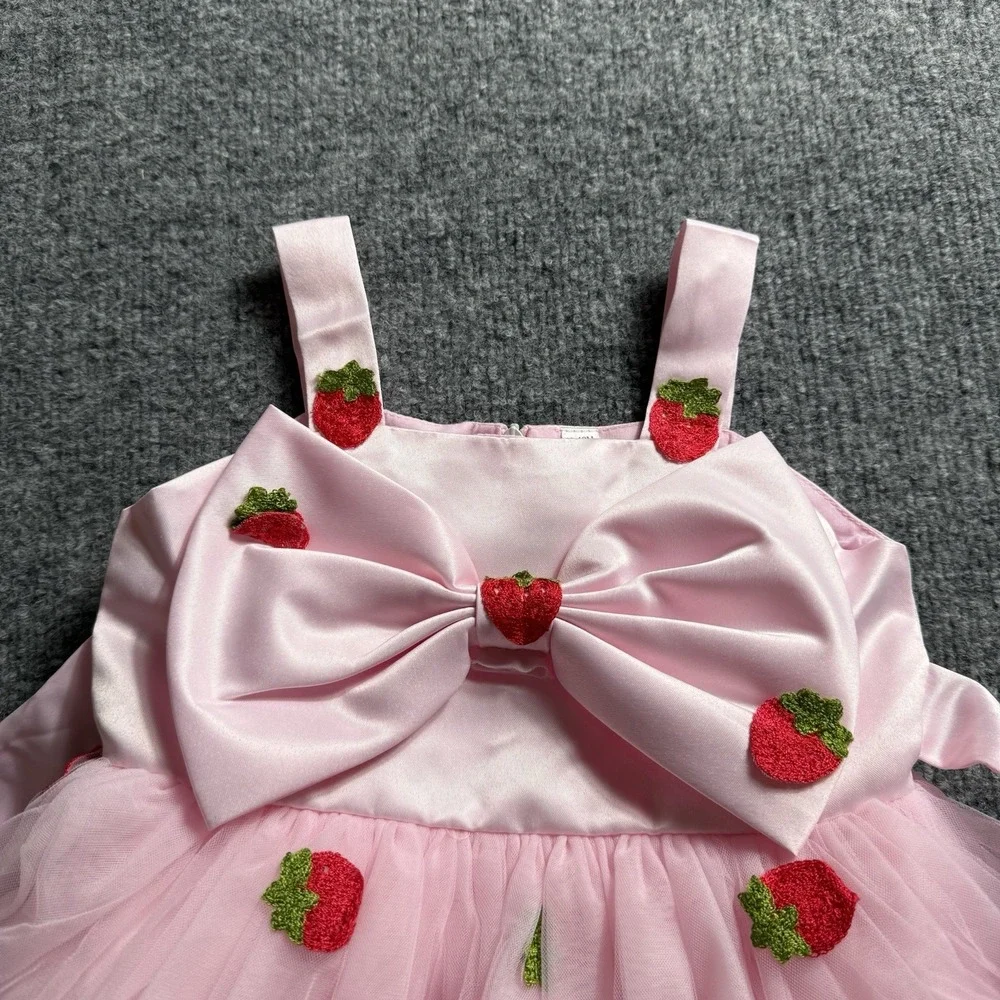 Infant Baby Girl Strawberry Tulle Tutu Dress Pink Satin Bow Birthday Pageant
